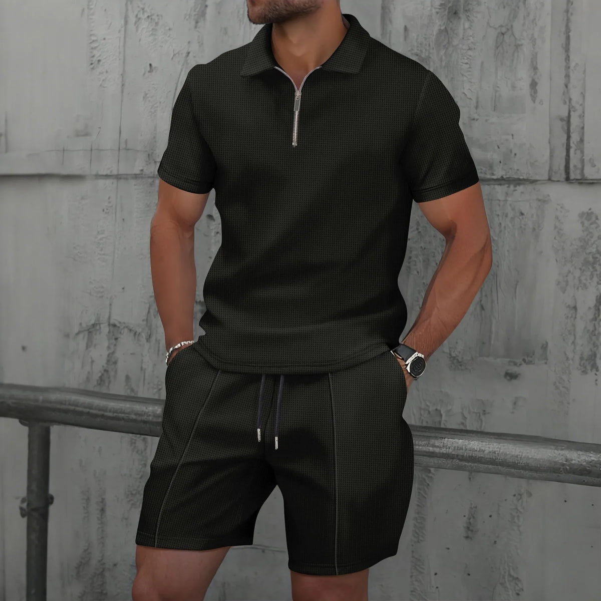 Men's Waffle Solid Color Zip Lapel Short Sleeve & Shorts Set – European Summer 2-Piece Suit