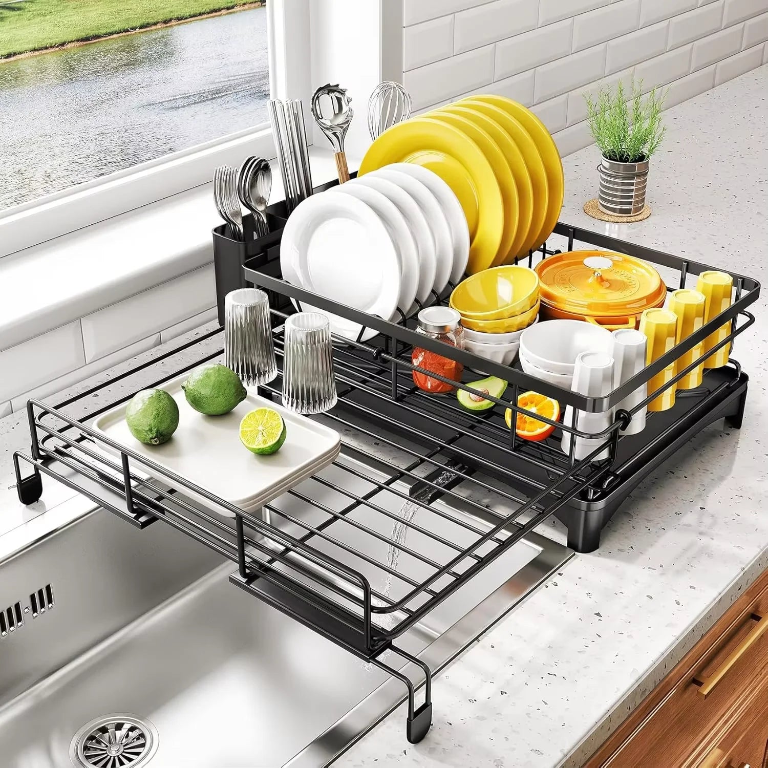 Large Dish Drying Rack with Drainboard — Rustproof Dish Drainer with Utensil Holder