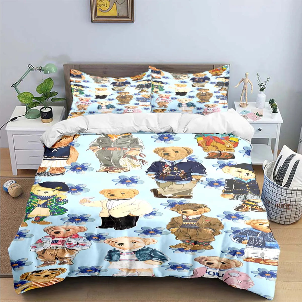 Cute Bear Print Bedding Set – Duvet Cover & Bed Linen, Single to King, Adults & Teens
