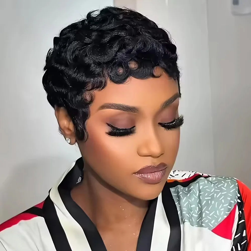 Women's Human Hair Pixie Cut Wig full machine made - Short Layered Curly with Bangs, Natural Black 250% Density