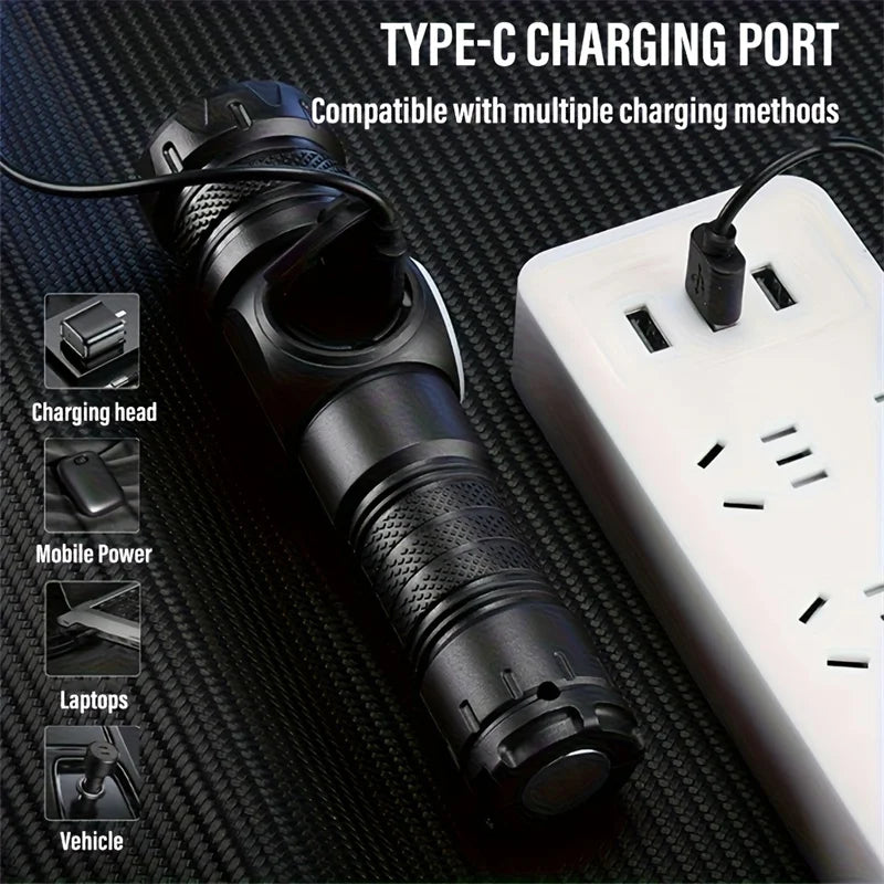 Magnetic Tactical LED Flashlight with COB Side Light – USB Rechargeable, 5 Modes, Zoomable