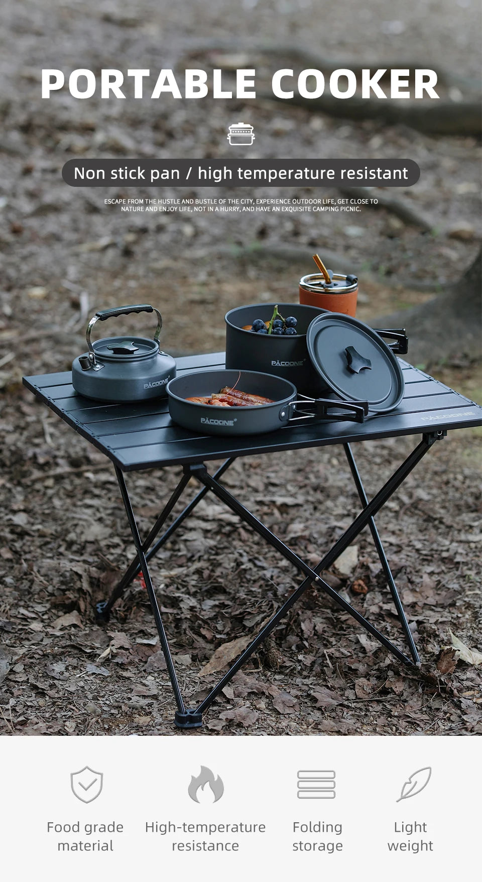 PACOONE Camping Cookware Set — Portable Outdoor Pot, Pan, Kettle & Tableware Kit