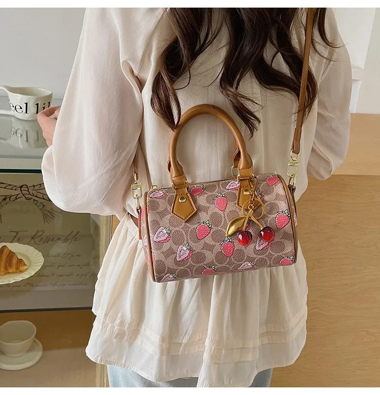 Cherry Print PU Leather Boston Crossbody Shoulder Bag – Luxury Designer Handbag for Women