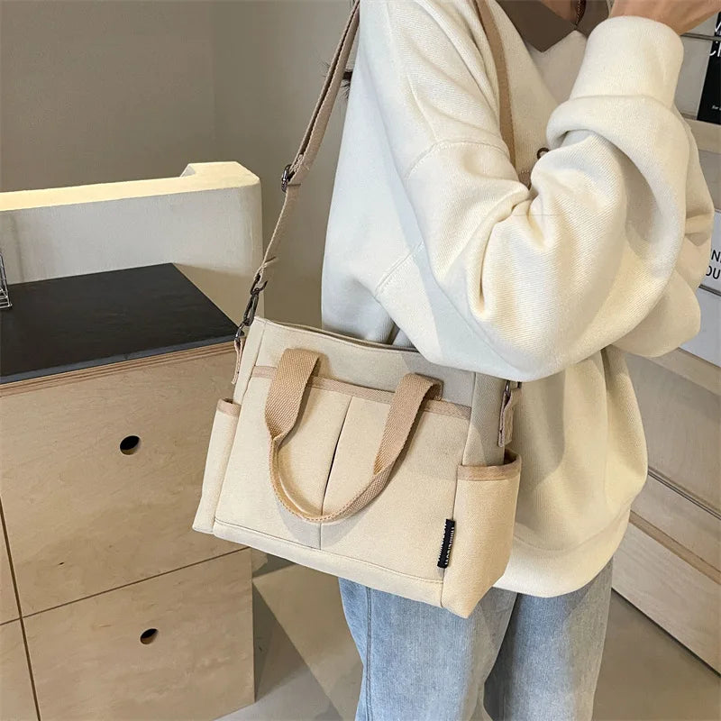 Multi-Pocket Canvas Tote Shoulder Bag – Large Capacity Commuter Shopping Handbag for Women
