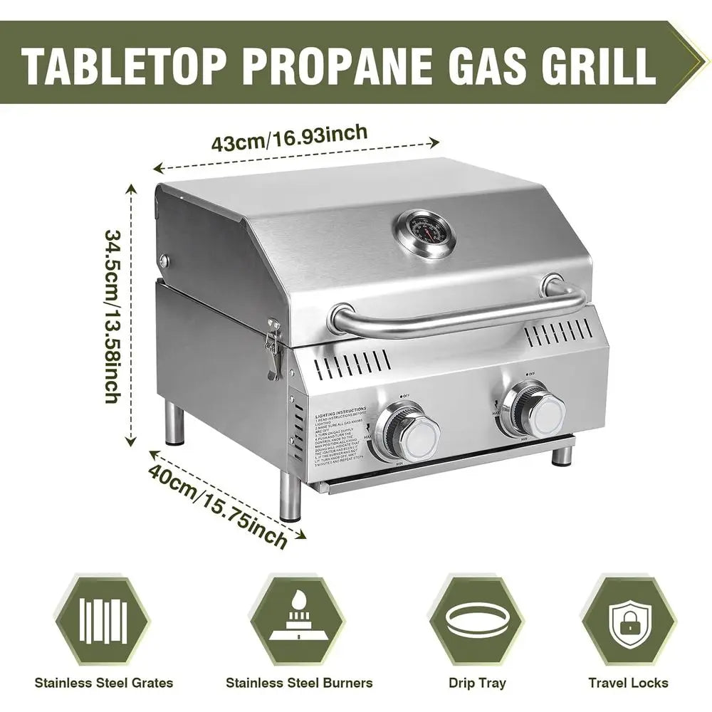 Portable 2-Burner Stainless Steel Propane Grill | 20,000 BTU, Push-Button Ignition, Built-In Thermometer, Outdoor, Camping & RV