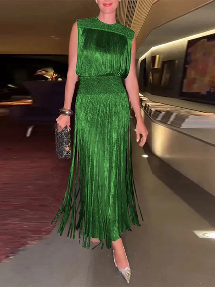 Sequin Tassel Evening Dress — Sleeveless O-Neck High Waist Slim Long Party Dress