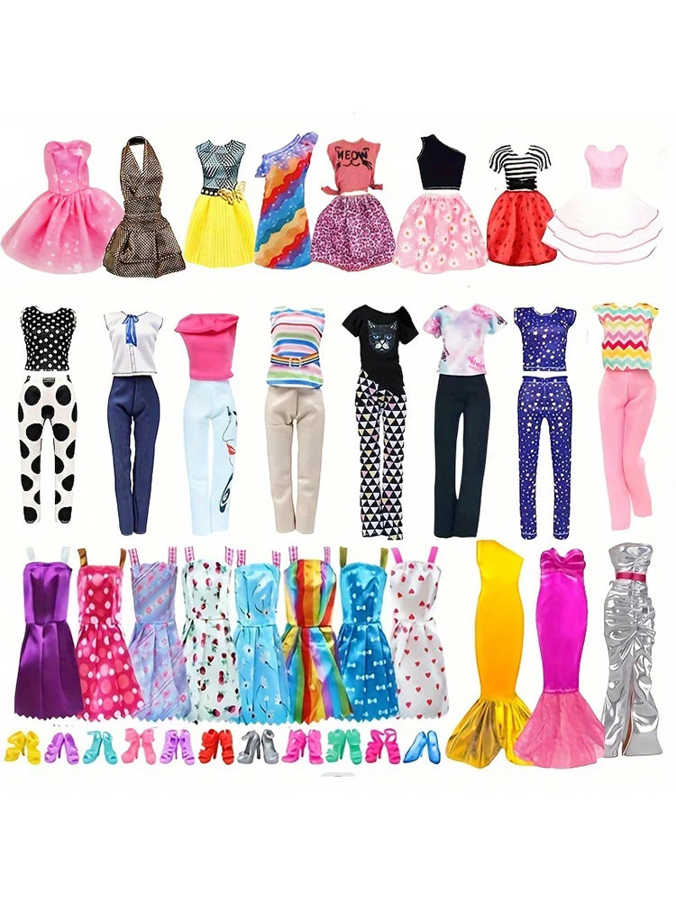 30-Piece Doll Clothes & Accessories Set — Fashion Dresses, Tops, Shoes & More