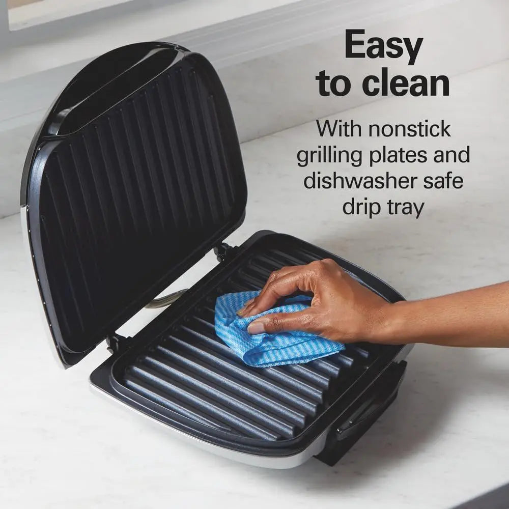 6-Serving Electric Indoor Grill | 90 Sq. In. Nonstick Plates, Floating Hinge, 1200W, Removable Drip Tray, Silver, Keto & Low-Carb Friendly
