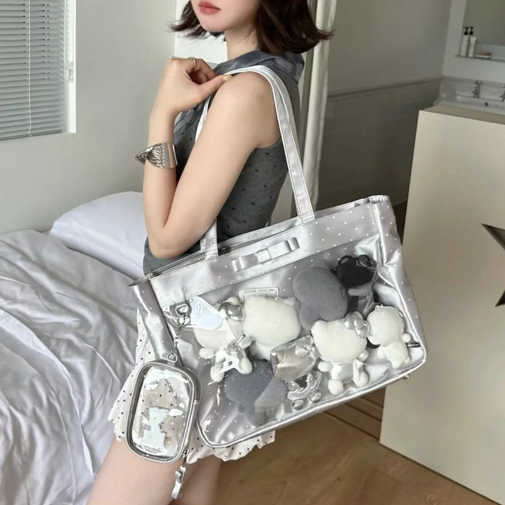 High Capacity Bow Tote Shoulder Bag – Satin PU Messenger Bag for Women
