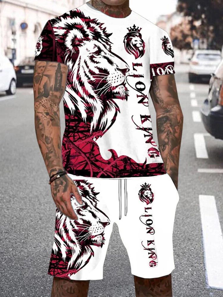 Men's Lion King 3D Print T-Shirt & Drawstring Shorts Set – Casual Outdoor Camping 2-Piece