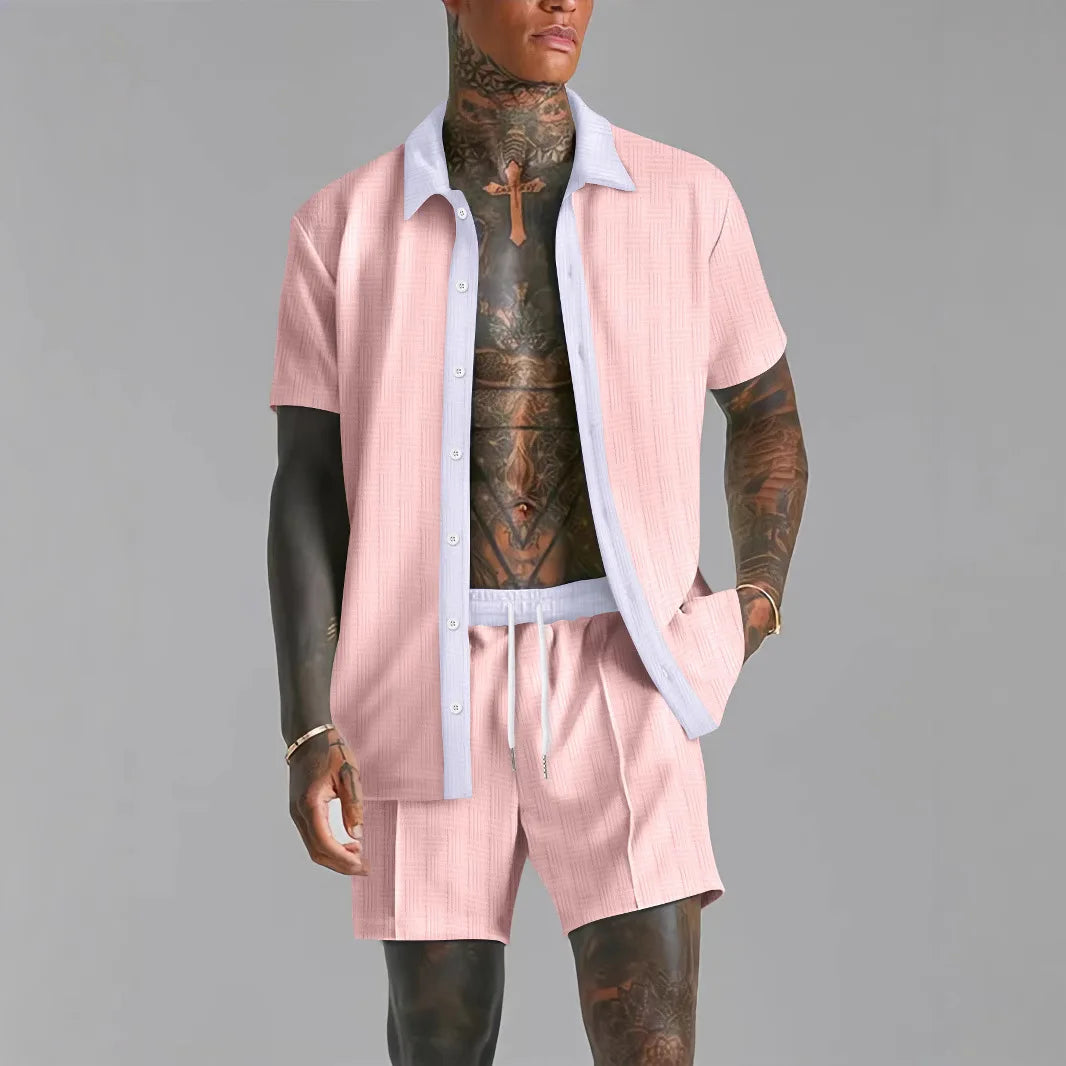 Men's Patchwork Transparent Lapel Shirt & Shorts Set – 2-Piece Summer Streetwear