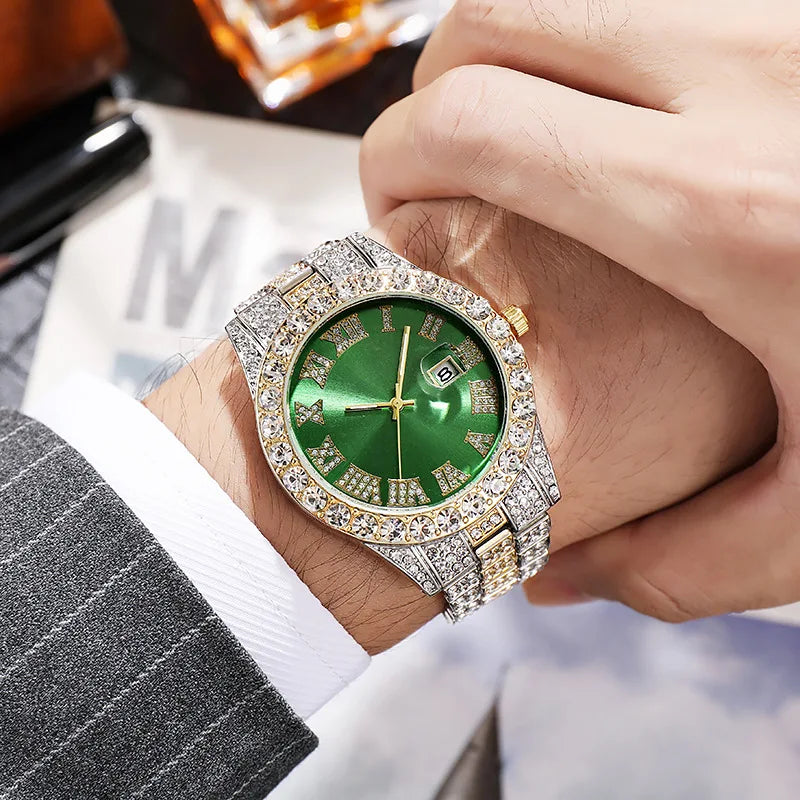 Men's Classic Golden Roman Rhinestone Quartz Watch | Steel Strap Calendar Fashion Wristwatch