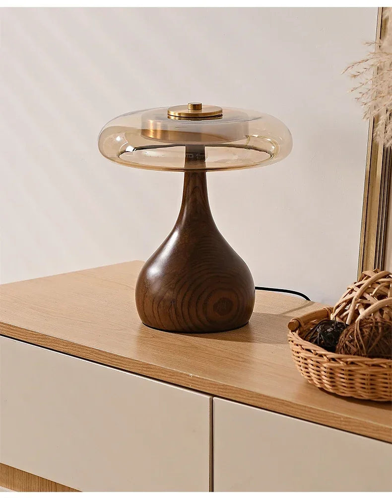 Retro Glass Table Lamp – Sculpted Wood-Look Base