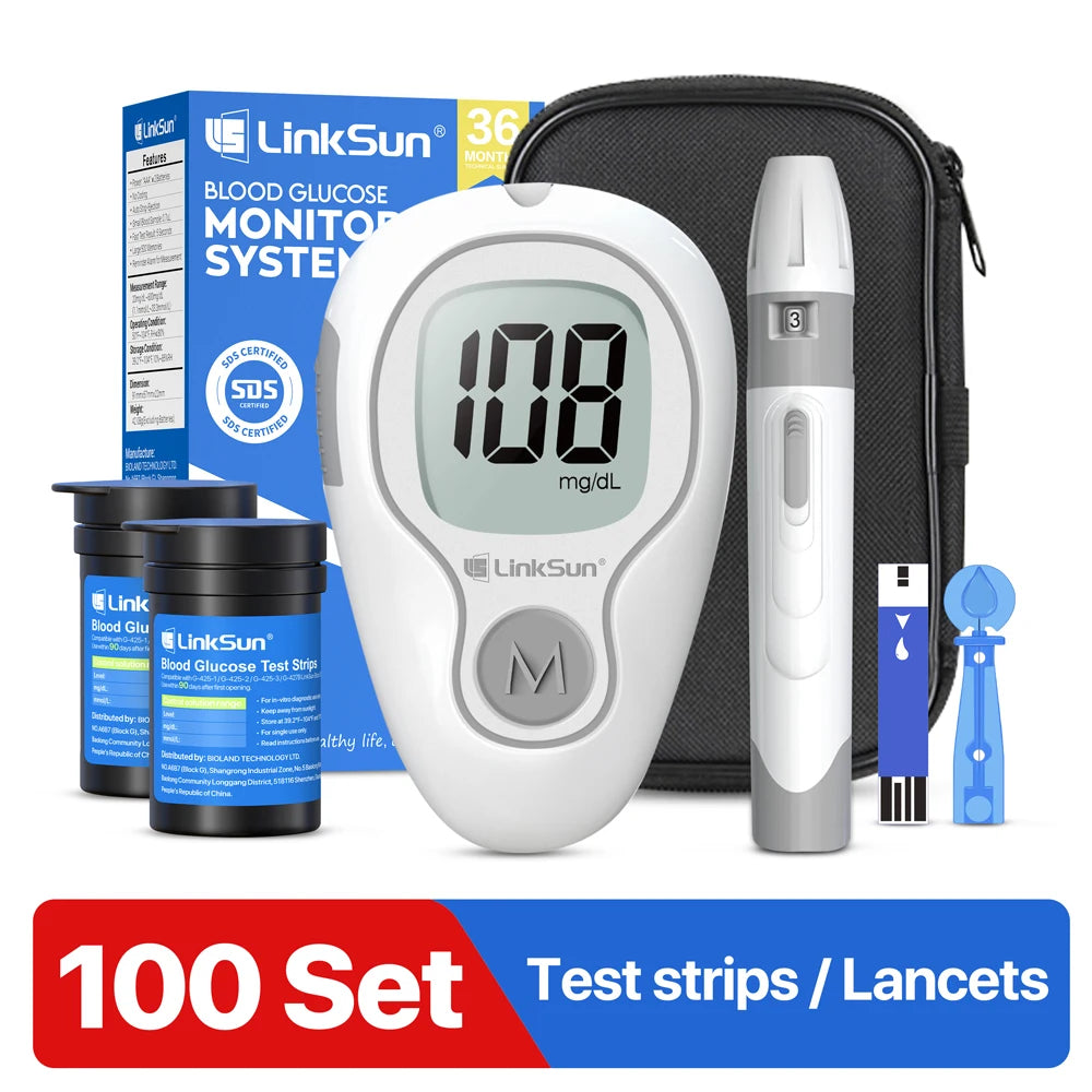 LinkSun G-425-3 Blood Glucose Meter – Complete Glucometer Kit with 10/50/100/200pcs Test Strips & Lancets for Diabetes Monitoring