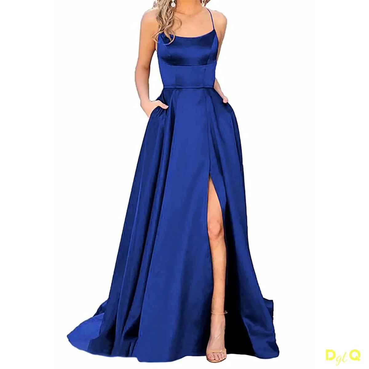 Backless Floor-Length Evening Dress — Spaghetti Strap A-Line Prom Gown with Pockets & Corset Back