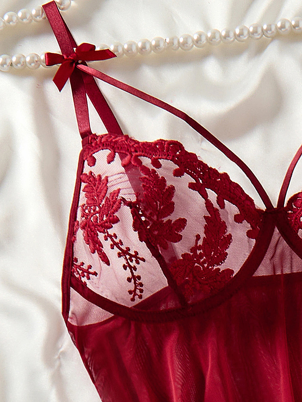 Wine Red Wheat Ear Embroidery Nightgown – Semi-Transparent Bow Countryside Elegant Sleepwear