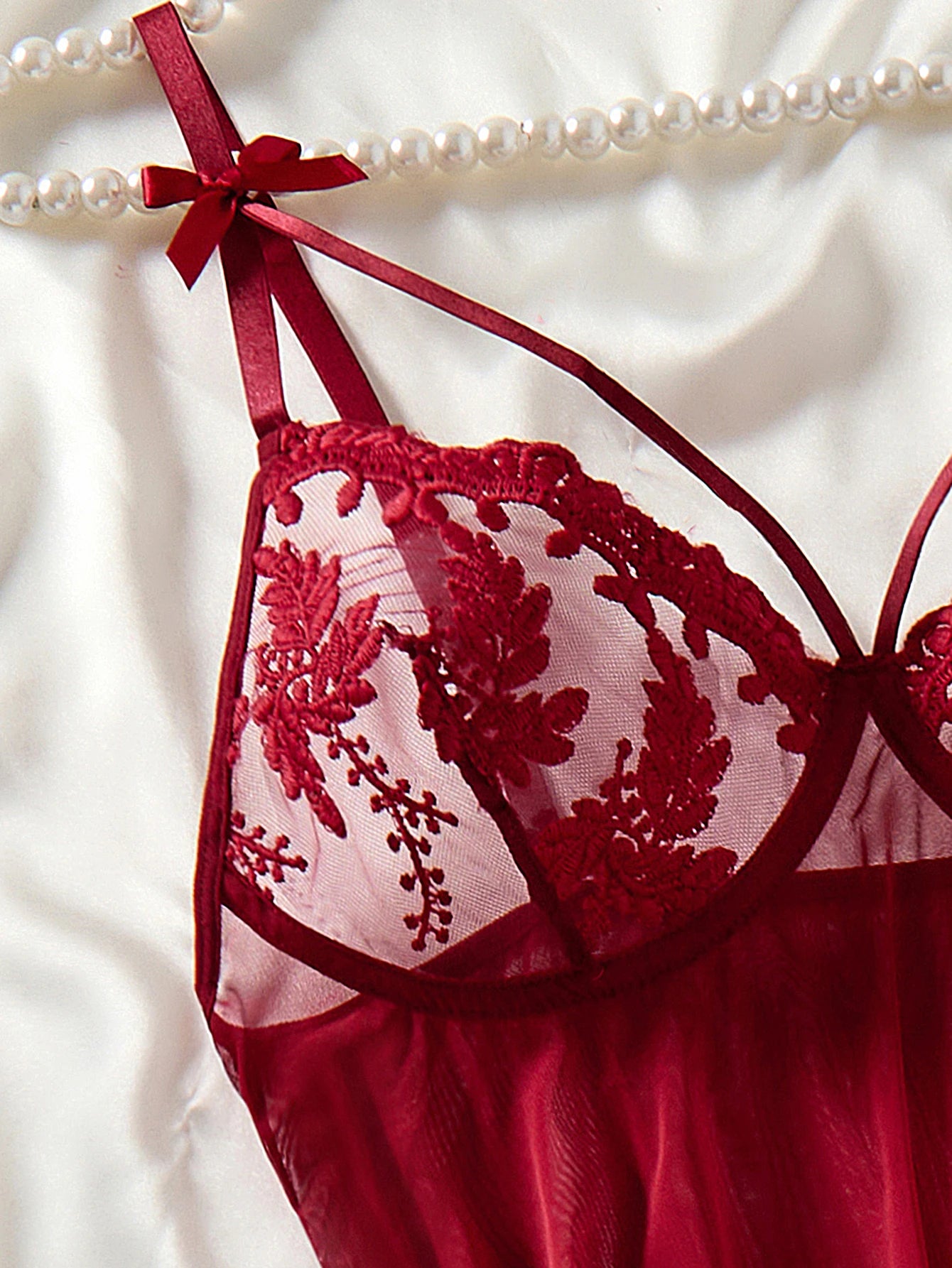 Wine Red Wheat Ear Embroidery Nightgown – Semi-Transparent Bow Countryside Elegant Sleepwear