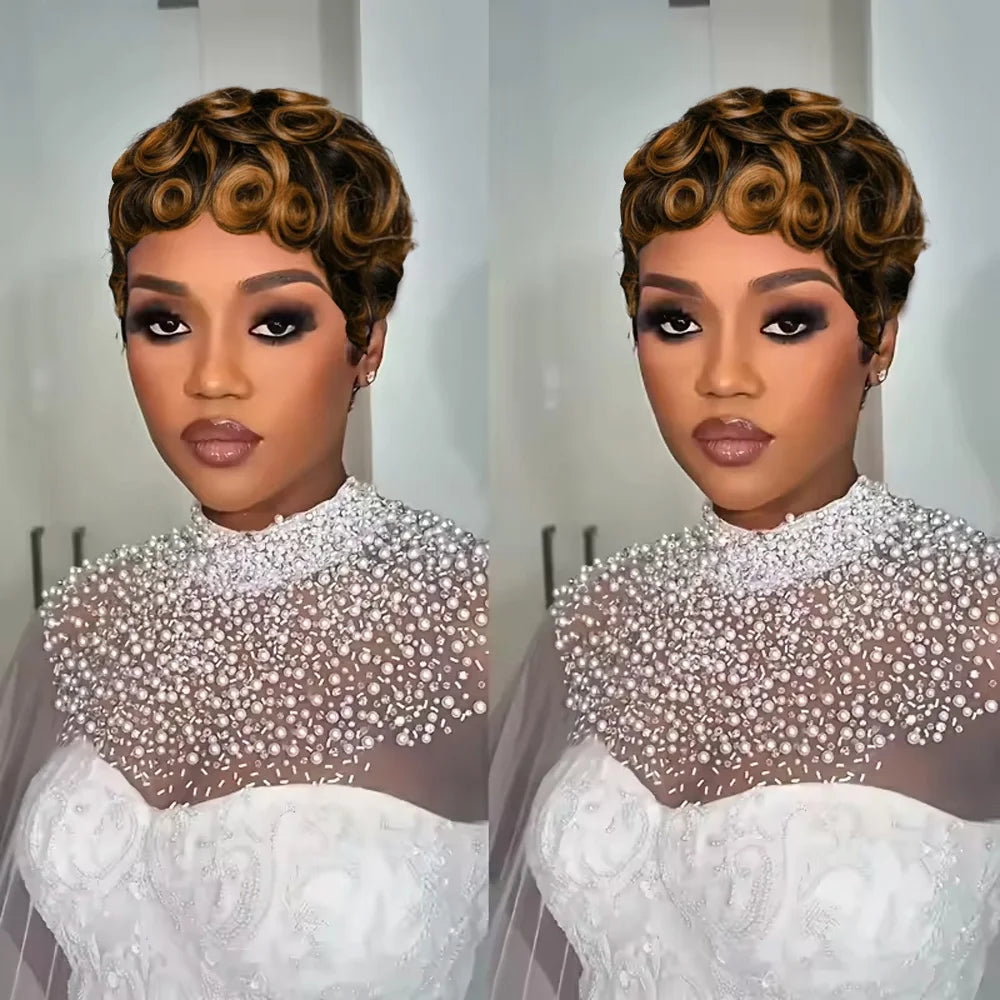 Women's Human Hair Pixie Cut Wig full machine made - Short Layered Curly with Bangs, Natural Black 250% Density