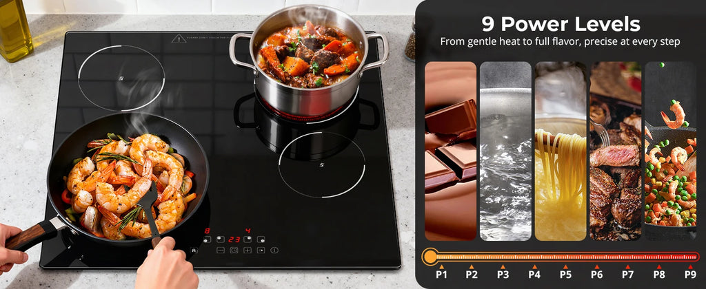 6000W 4-Zone Ceramic Induction Hob – 60cm Black Glass, Touch Control, 9 Power Levels, Timer & Child Lock