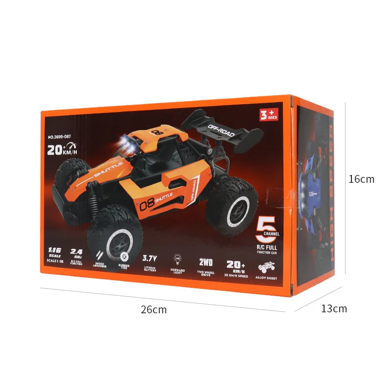 Box of an orange toy car with specification