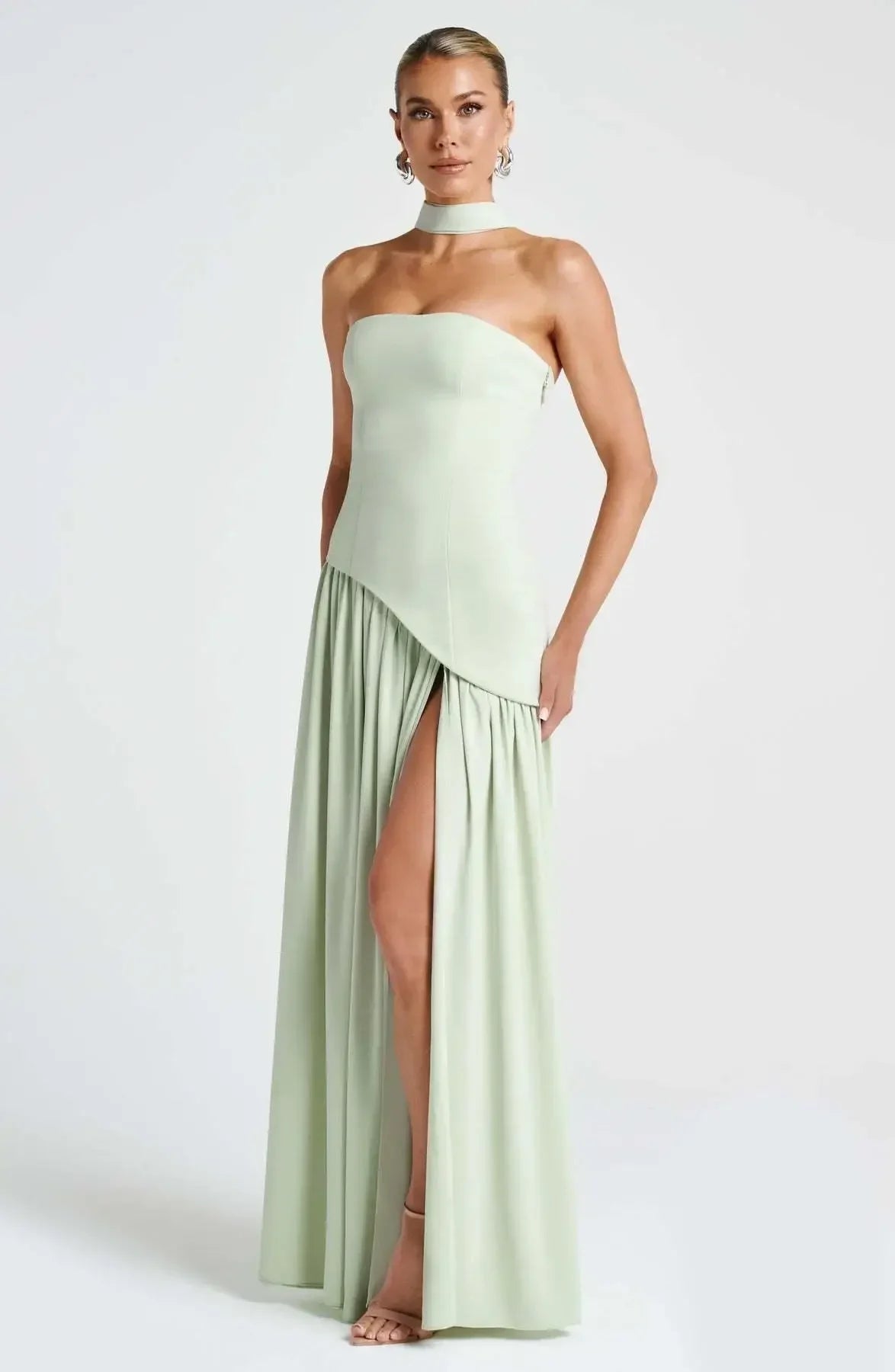 Pleated Off-Shoulder Maxi Dress — High Slit Scarf Slim Fit Evening Party Dress
