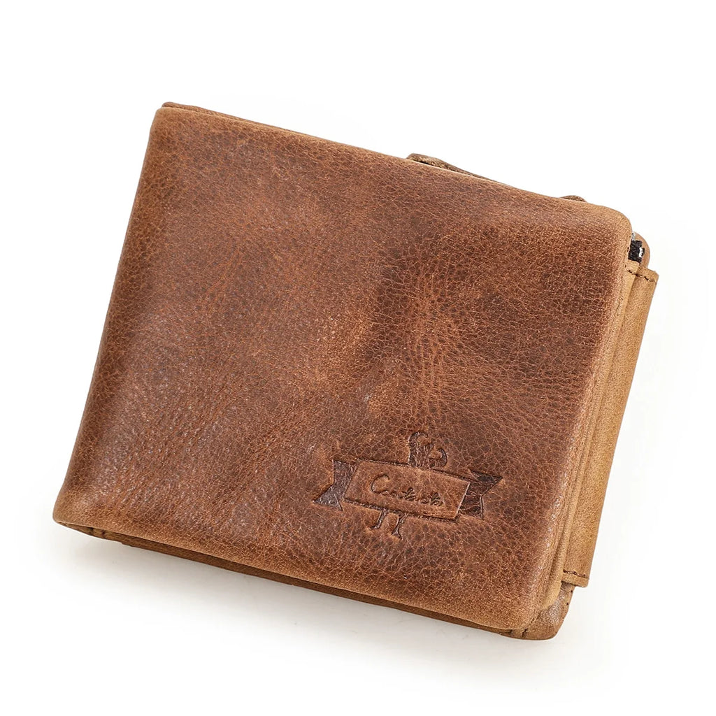 Genuine Cowhide Leather Men's Trifold Wallet – Vintage Crazy Horse Leather Zip Coin Pocket Purse