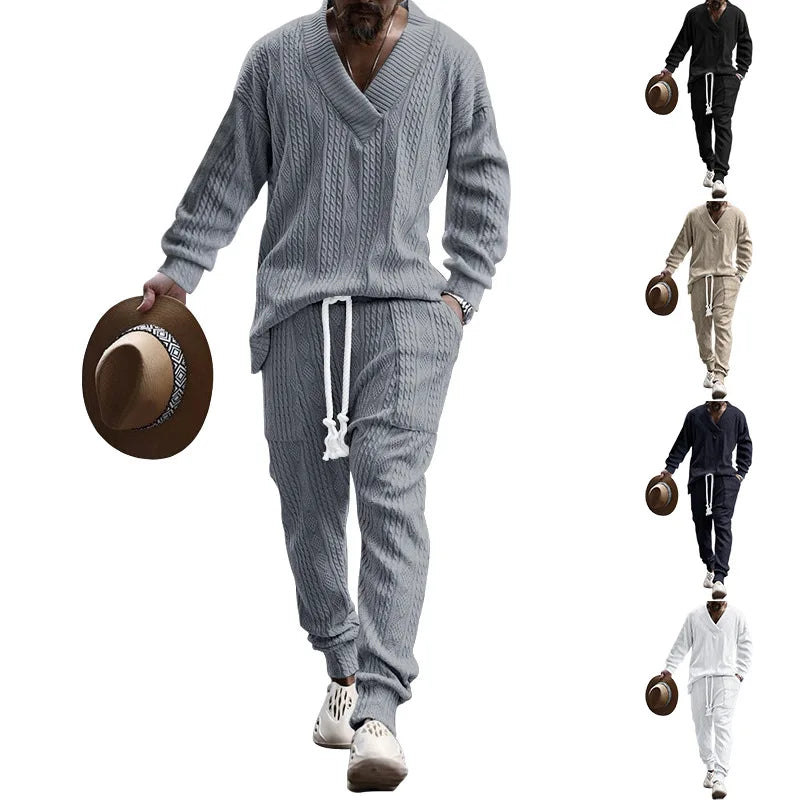 Men's Jacquard Knit Sweater & Casual Trousers Two-Piece Set