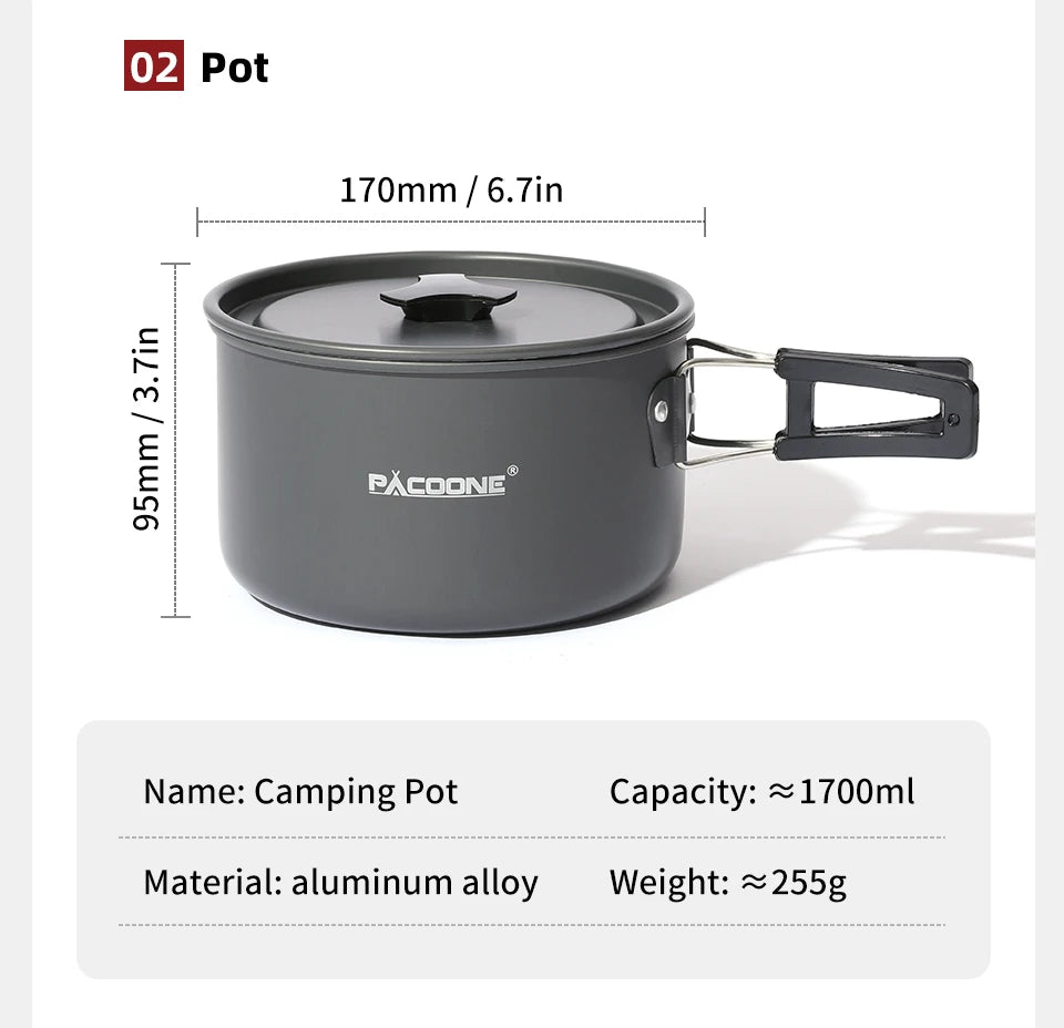 PACOONE Camping Cookware Set — Portable Outdoor Pot, Pan, Kettle & Tableware Kit