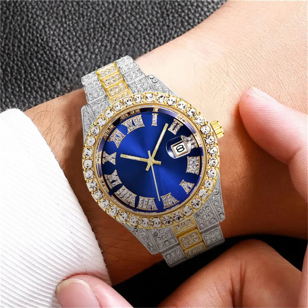 Men's Classic Golden Roman Rhinestone Quartz Watch | Steel Strap Calendar Fashion Wristwatch