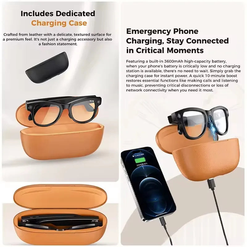 Smart Glasses with 3600mAh Power Bank — Bluetooth Audio & Built-In Battery