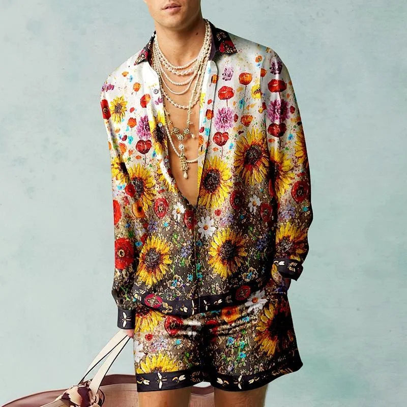 Men's Hawaiian Print Shirt & Drawstring Shorts Beach Vacation Set