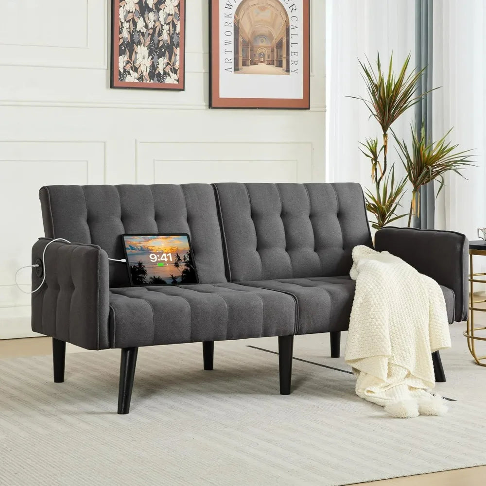 Sofa, Bed & Charging Station in One — TYBOATLE 65" Futon Sofa Bed | 2 USB Ports, Tufted Linen, Adjustable Loveseat for Small Spaces