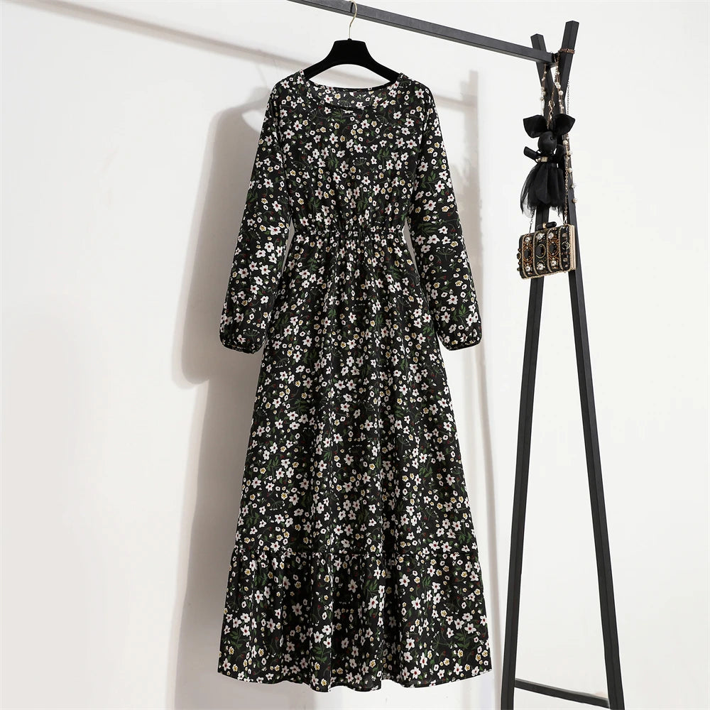 Women Long Dresses Spring Summer Casual Full Sleeve Floral geometry Printed O neck Woman Bohe Beach Party Dress Mujer Vestidos