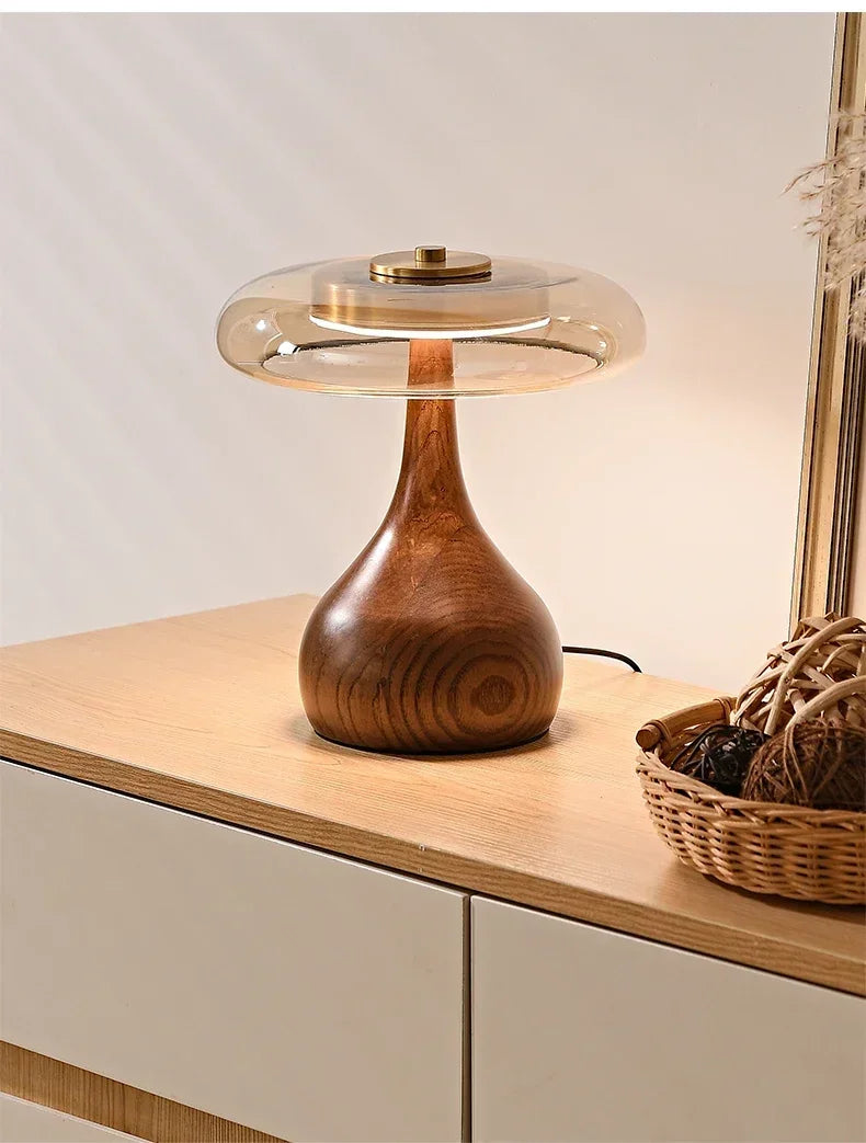 Retro Glass Table Lamp – Sculpted Wood-Look Base