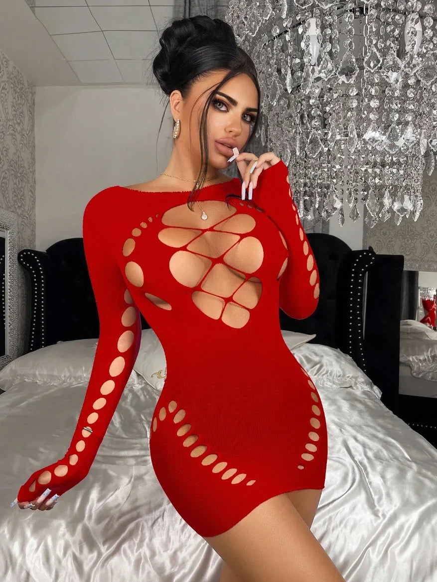 Women's Halter Neck Cut-Out Fishnet Bodycon Dress – Sexy Lingerie Evening Nightgown