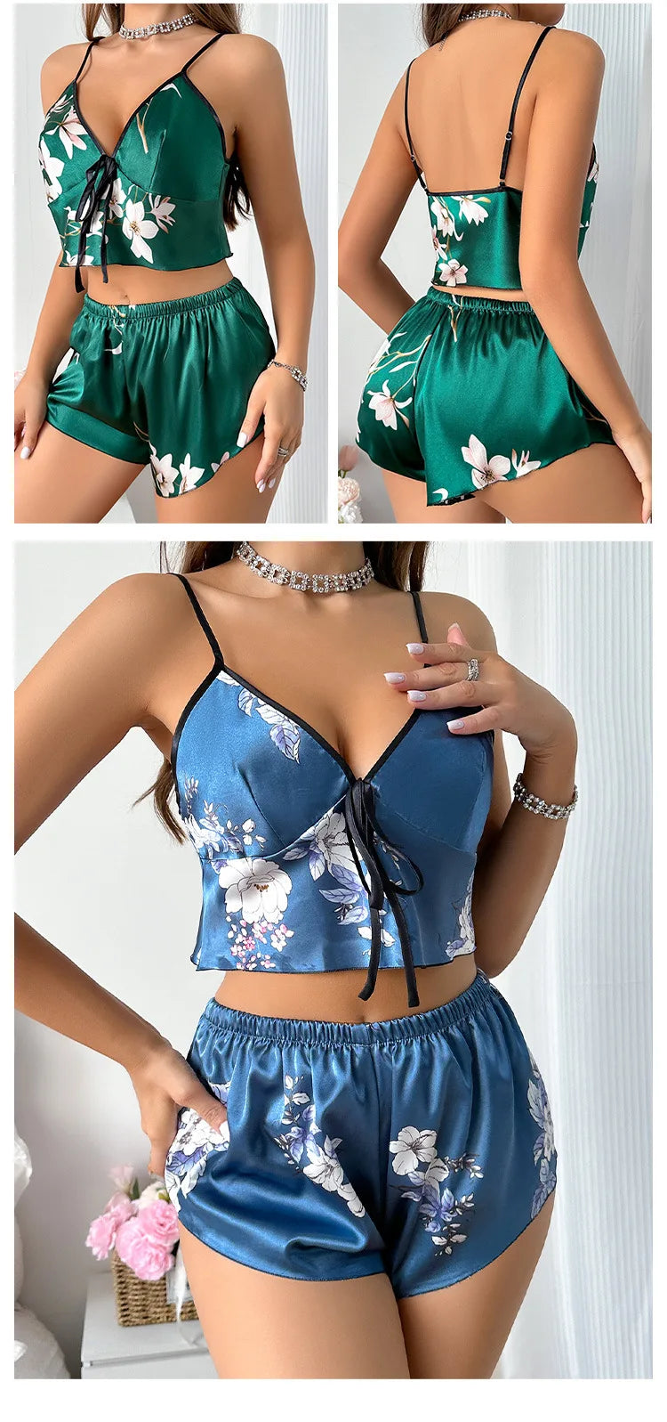 Floral Satin Cami Crop Top & Shorts Pajama Set — V-Neck Loungewear