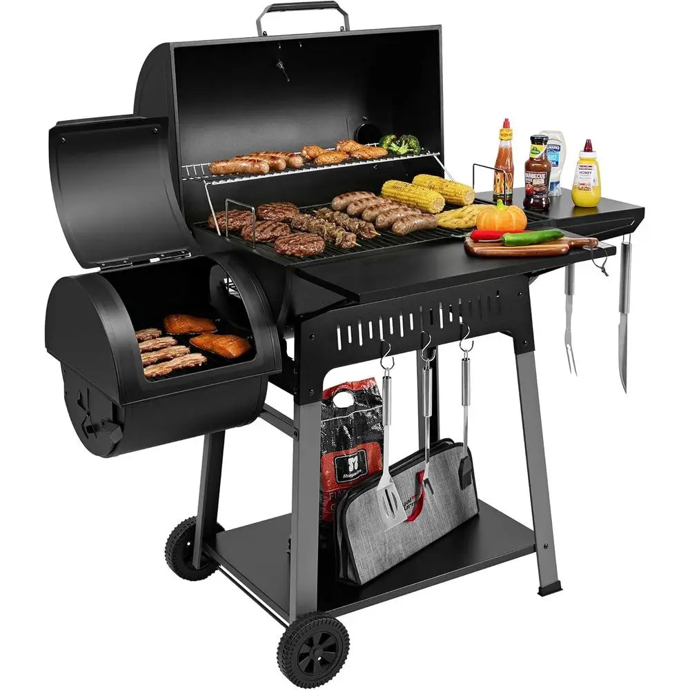 Large 824 Sq. In. Charcoal Grill with Offset Smoker | Tool Hooks, Bottom Shelf, Adjustable Charcoal Pan, Molded Wheels