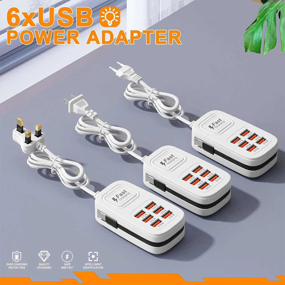6-Port USB Fast Charging Station – 3 USB-C + 3 USB-A, Desktop Power Strip Hub, EU/UK/US Plug