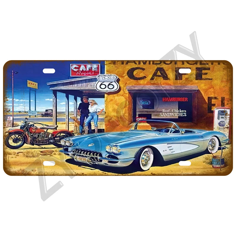 Route 66 Vintage Car Garage Tin Sign — Retro Wall Art Decor