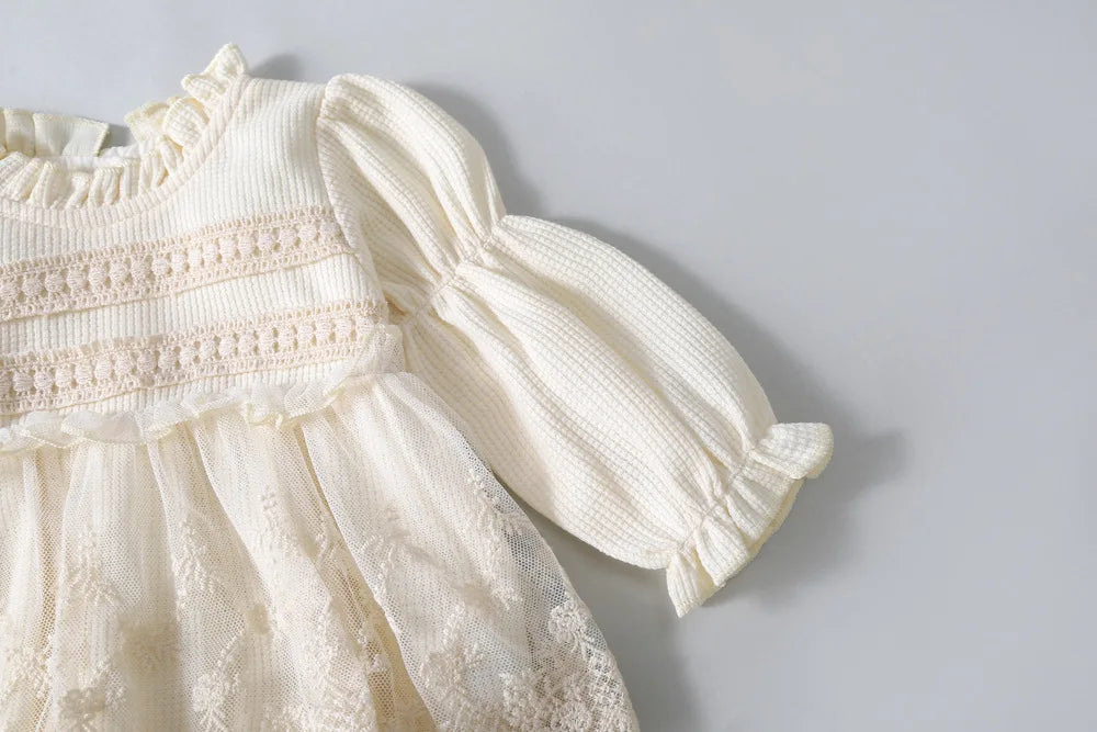 Baby Girl Tutu Skirt Bodysuit — Waffle Lace One-Piece Party Outfit for Toddlers