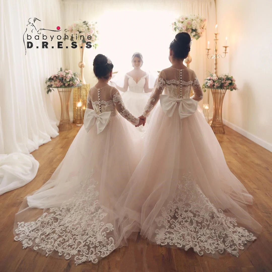 Long Sleeve Flower Girl Dress — White Lace Tulle First Communion & Bridesmaid Dress