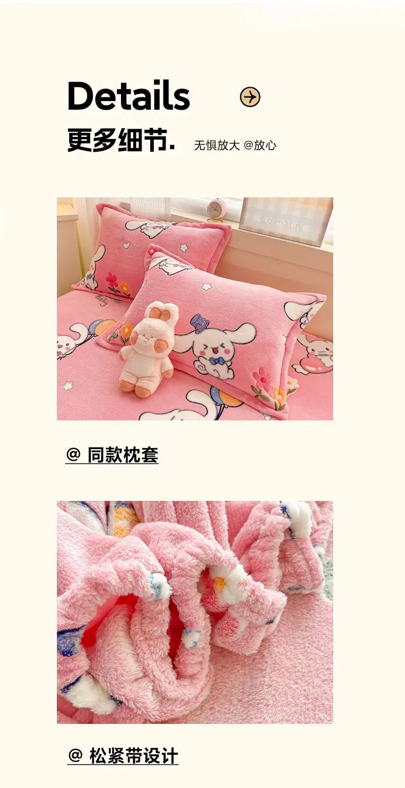 Flannel Fleece Fitted Bed Sheet – Warm Cartoon Purple, Elastic Single to King, Winter Bedsheet
