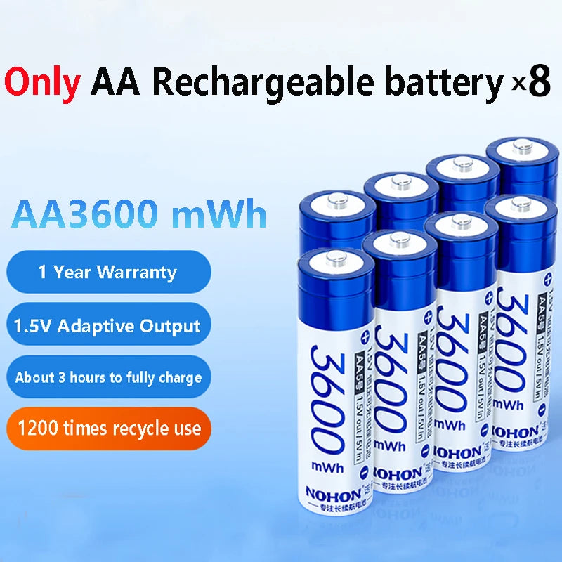 NOHON 1.5V Li-ion Rechargeable AA/AAA Batteries – 3600mWh High Capacity Long Lasting with Battery Charger