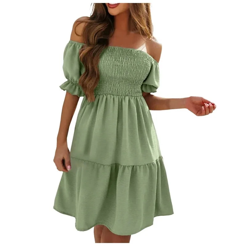 Off Shoulder Puff Sleeve Short Dress — Sexy Fashion Summer Mini Dress