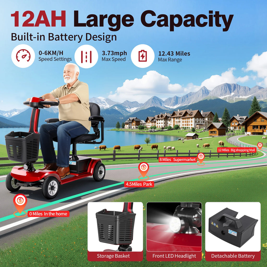 Foldable 4-Wheel Mobility Scooter – 250W, 12Ah Lithium Battery