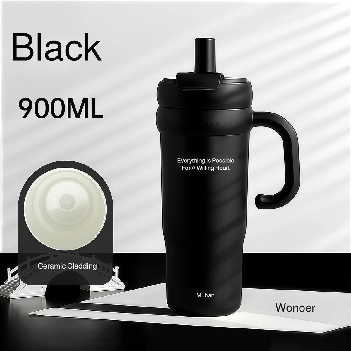 900ml Ceramic Interior Tumbler with Handle & Straw – 201 SS Shell, Dishwasher Safe, 24Hr Cold, Modern Minimalist, 3 Colors