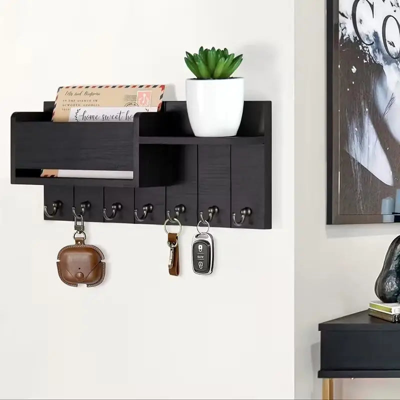 Wall-Mounted Wood Storage Rack with 7 Hooks — Mail, Keys, Glasses & Entryway Organizer