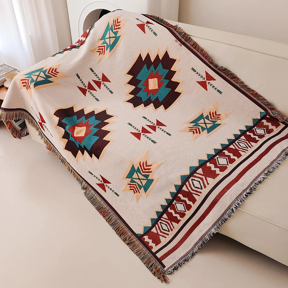 Aztec Boho Throw Blanket with Fringe – Oversized Southwestern Geometric Tapestry, Double-Sided Woven