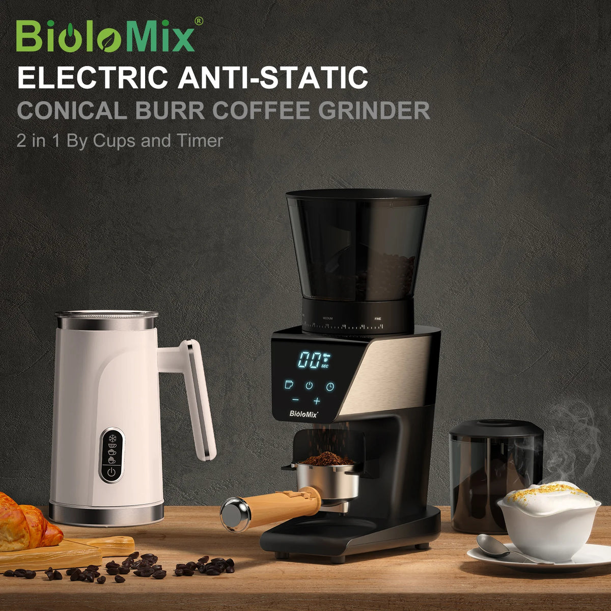 BioloMix Electric Coffee Grinder – 30 Grind Settings, Magnetic Ring, for Espresso, Drip & Pour Over