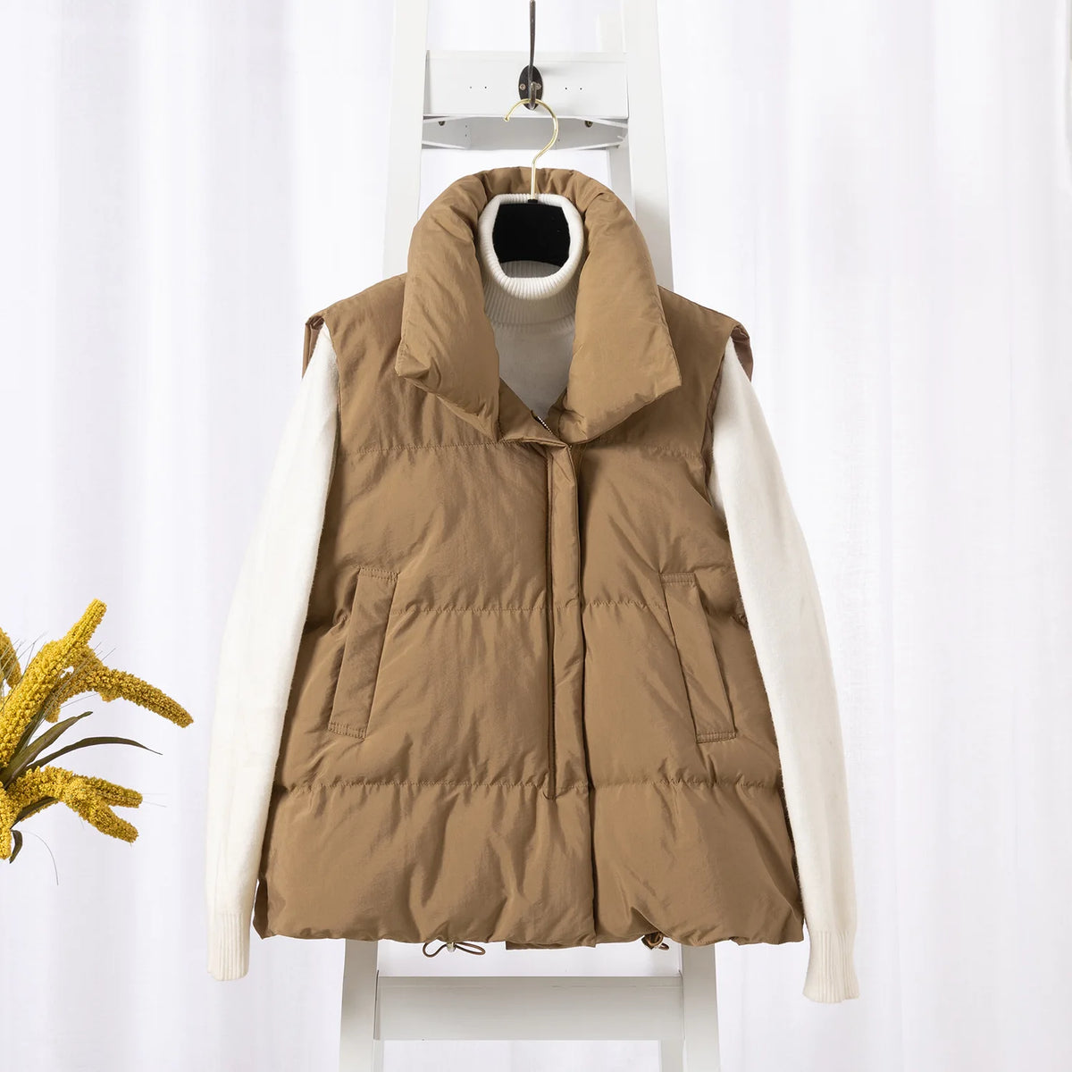 Women's Sleeveless Down Vest – Thick Zip-Up Adjustable Waist Winter Outerwear